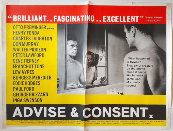 ADVISE AND CONSENT ORIGINAL UK QUAD FILM POSTER 1962