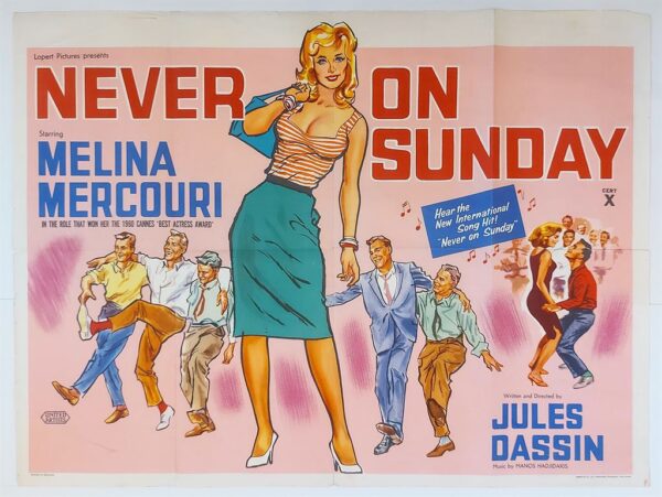 NEVER ON SUNDAY ORIGINAL UK QUAD FILM POSTER 1960