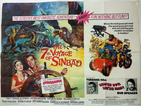 THE 7TH VOYAGE OF SINBAD / WATCH OUT WE'RE MAD ORIGINAL UK QUAD FILM POSTER 1959/74