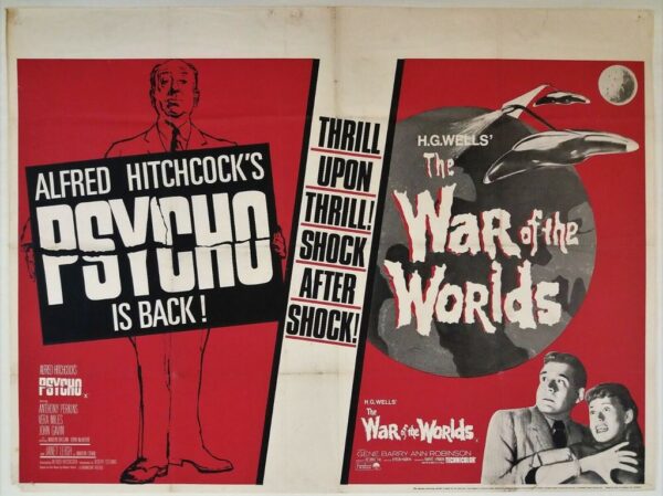 PSYCHO / WAR OF THE WORLDS ORIGINAL UK DOUBLE BILL QUAD FILM POSTER 1960