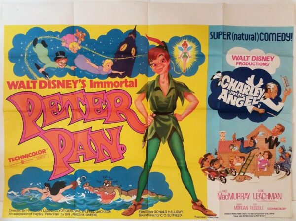 PETER PAN / CHARLEY AND THE ANGELS ORIGINAL UK QUAD FILM POSTER 1953/73