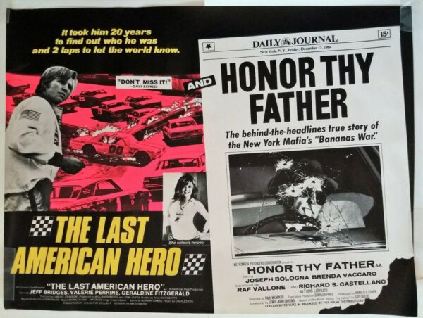 THE LAST AMERICAN HERO / HONOR THY FATHER ORIGINAL UK QUAD FILM POSTER 1973