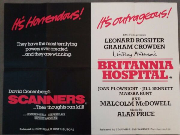SCANNERS / BRITANNIA HOSPITAL ORIGINAL UK DB QUAD FILM POSTER 1981/82