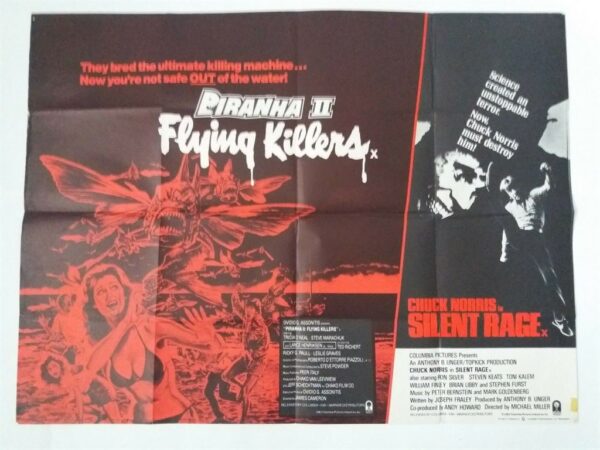 PIRANHA 2: THE SPAWNING / SILENT RAGE ORIGINAL UK DB QUAD FILM POSTER 1981/2