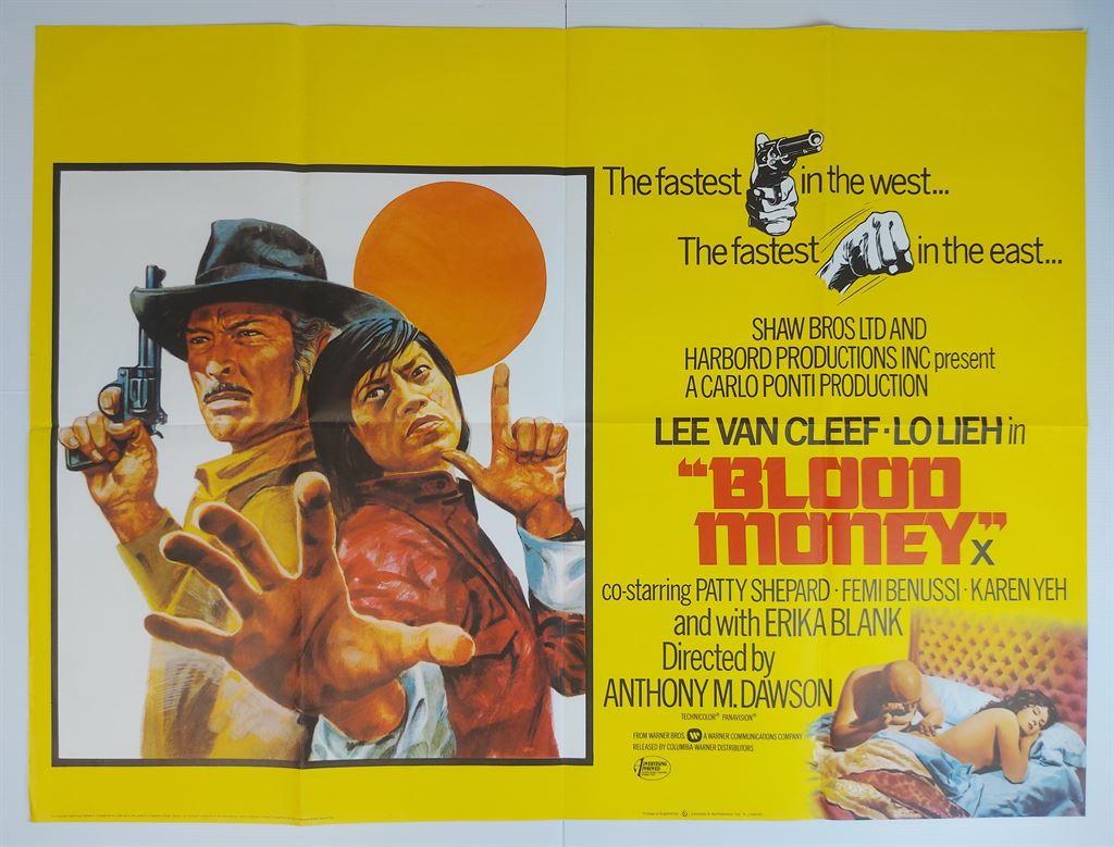 BLOOD MONEY ORIGINAL UK QUAD FILM POSTER 1975 LEE VAN CLEEF HOLDING A GUN IN SUNSET WITH LO LIEH