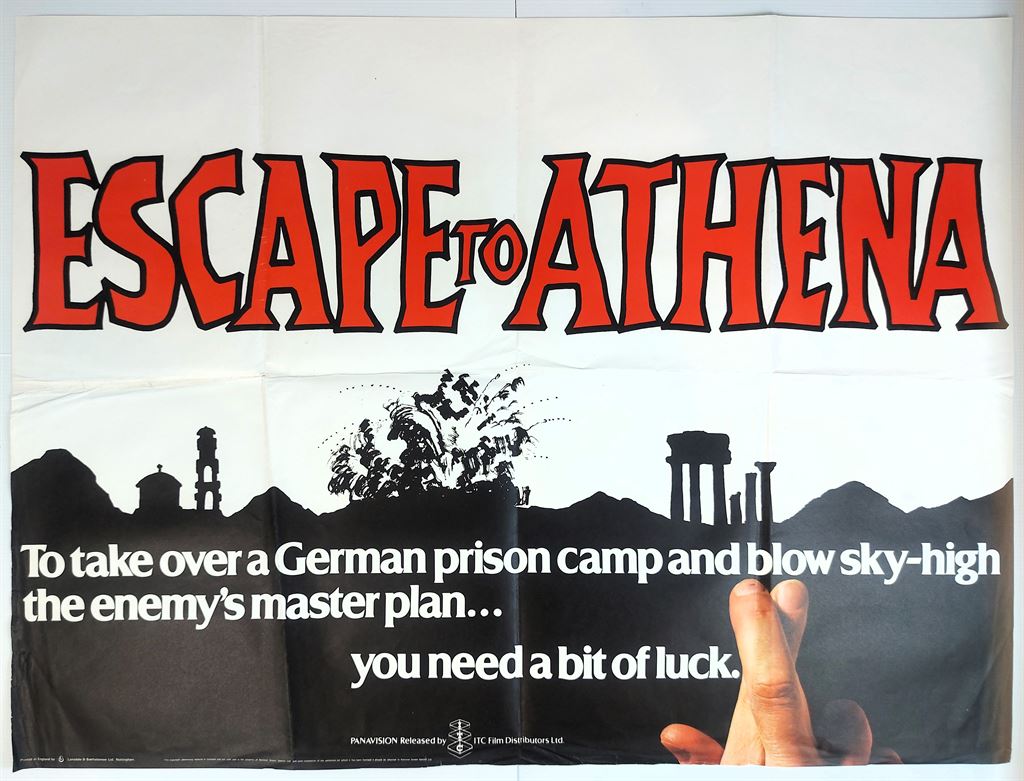 ESCAPE TO ATHENA ADVANCED TEASER ORIGINAL UK QUAD FILM POSTER 1979 POSTER DESIGN IN A RED AND BLACK SILOETTE