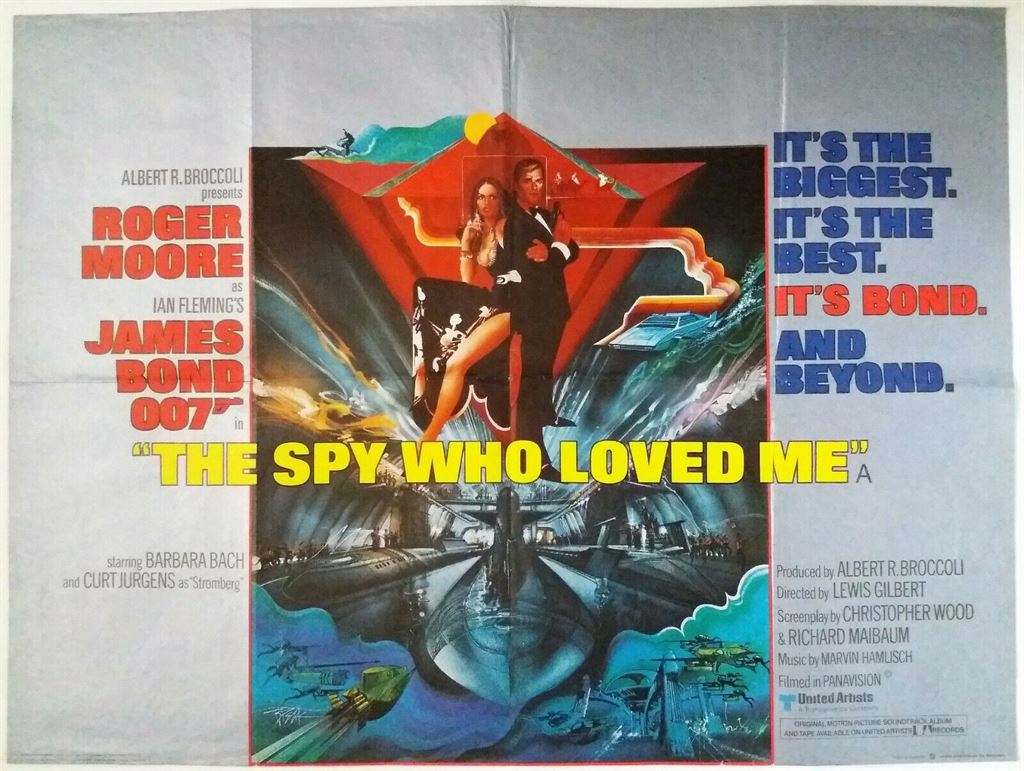 Vintage movie poster of The Spy Who Loved Me featuring dynamic artwork with bold colors and dramatic elements highlighting the iconic James Bond theme